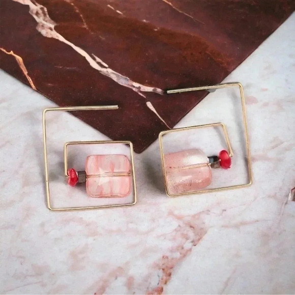 Square Threader Earrings Gold Pink - Picture 2 of 11